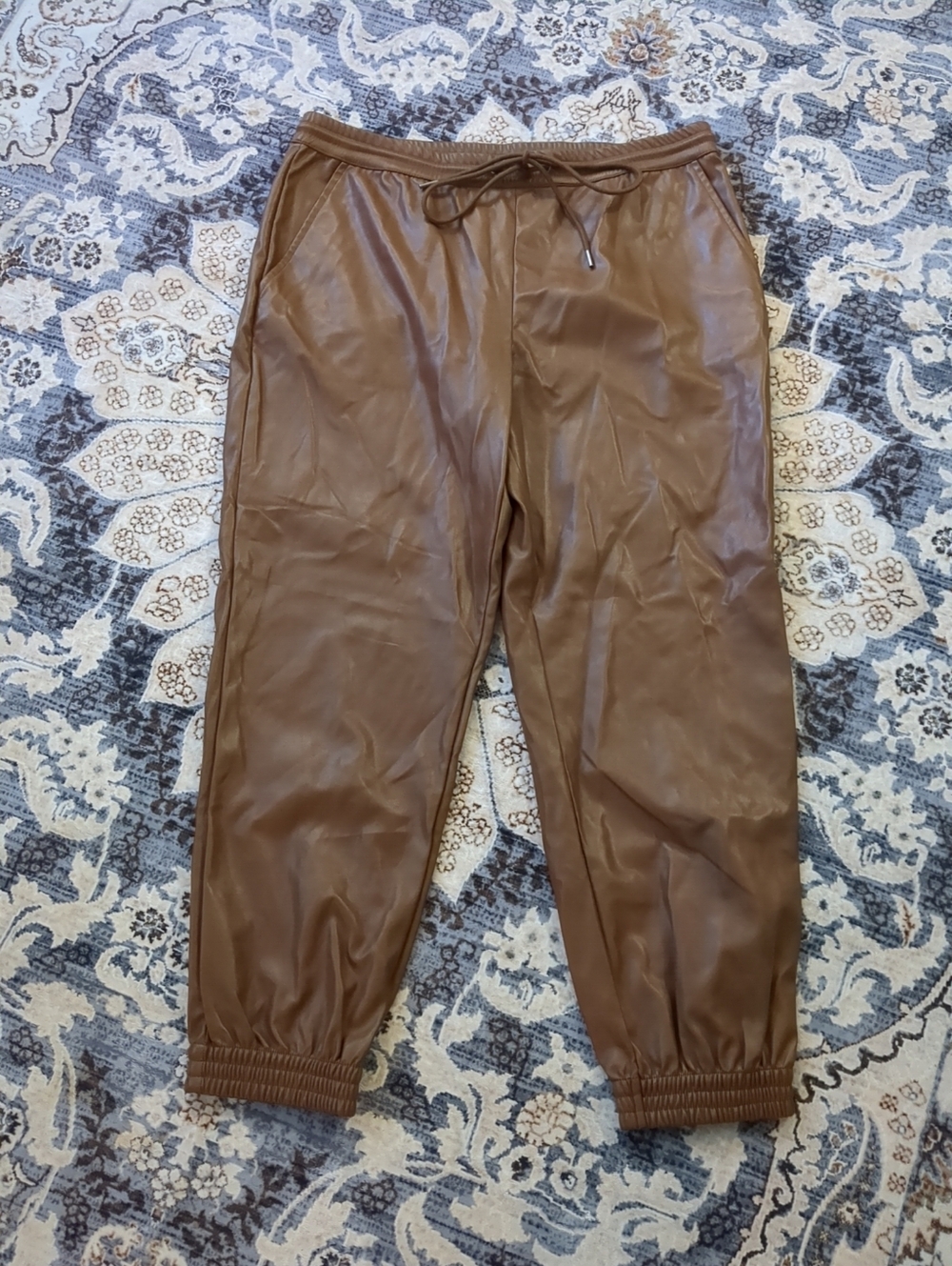 Faux Leather Jogger Pants - Brown-size Large (Pleather)